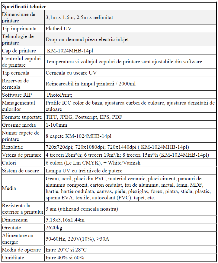 specificatii tehnice